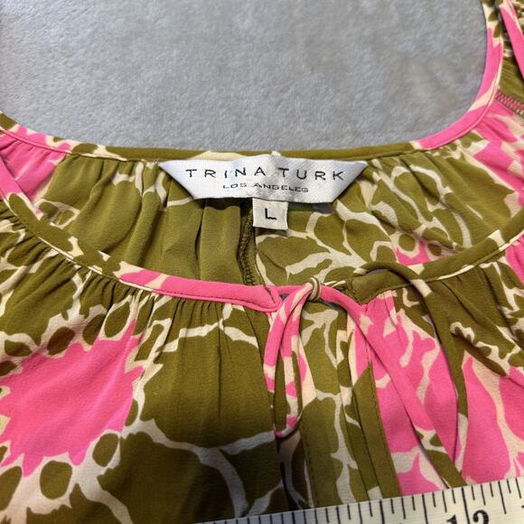 Trina Turk Los Angeles Floral Blouse Olive Green Pink SZ L Boho Peasant Top - Picture 6 of 10